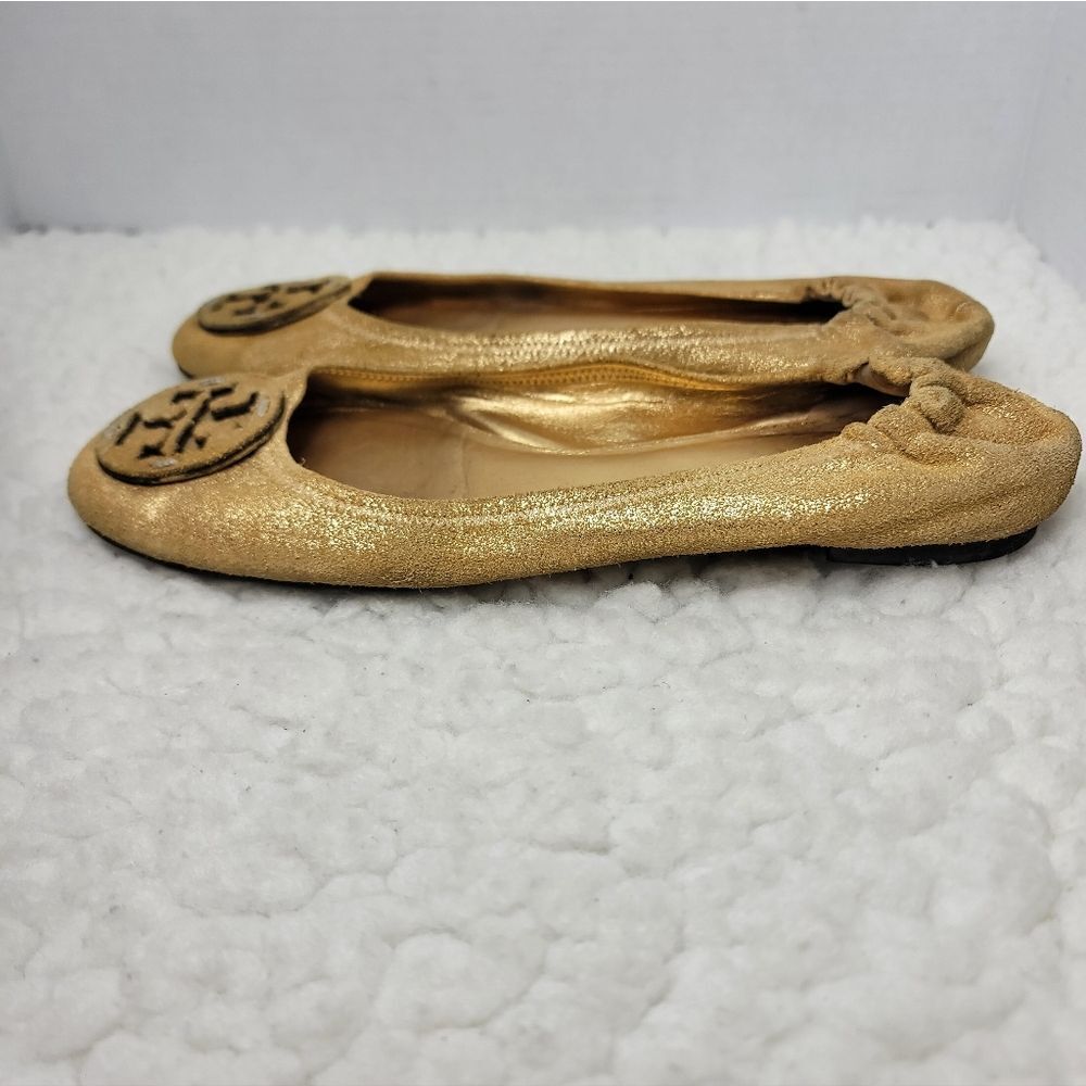 Tory Burch Reva Ballet Flats Women’s 10.5 Gold Metallic Leather Logo Shoes - Picture 3 of 13